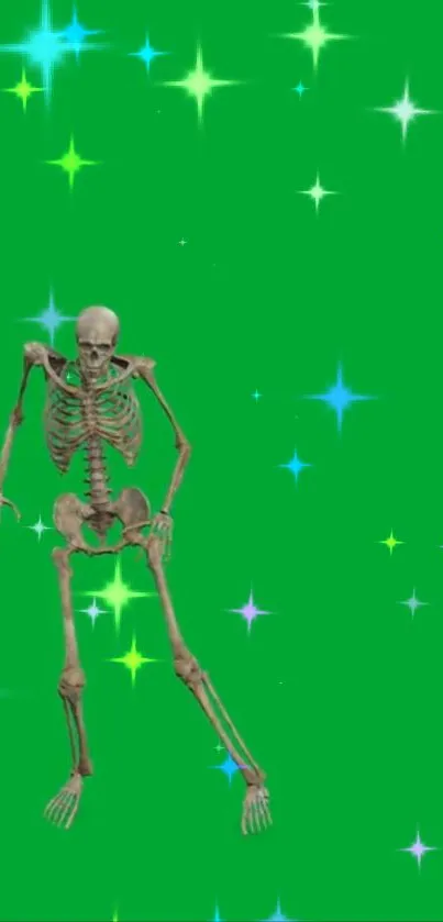 Skeleton with a green starry background wallpaper. Vibrant phone design.