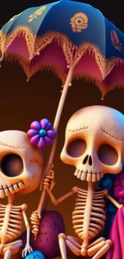 Whimsical skeletons under a vibrant umbrella, colorful wallpaper.