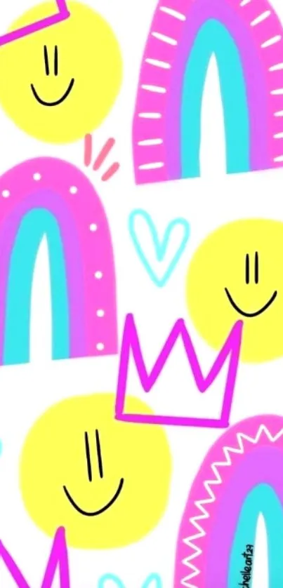 Colorful wallpaper with rainbows, crowns, smiling faces, and hearts.