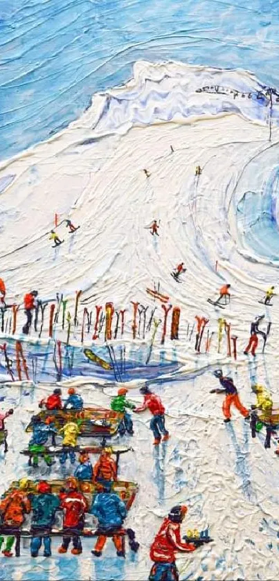 Colorful ski resort scene with snow and vibrant skiers.