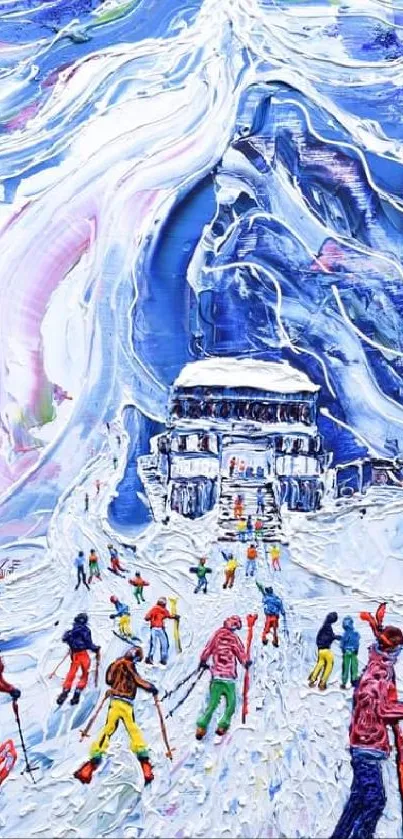 Colorful mountain scene with skiers in action on snowy terrain.