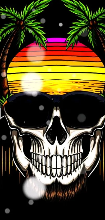 Colorful skull with sunglasses and palm trees on a dark background wallpaper.