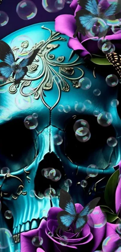 Turquoise skull with purple roses and butterflies art.