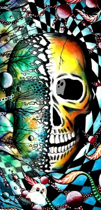 Vibrant skull abstract wallpaper with colorful patterns and intricate designs.