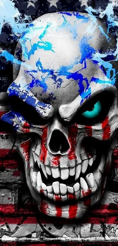 Skull with American flag and blue flames wallpaper.