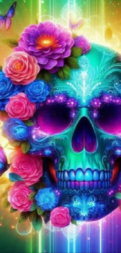 Vibrant skull surrounded by colorful flowers and butterflies.