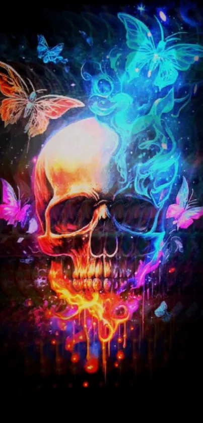 Vibrant skull with butterflies on a dark background mobile wallpaper.