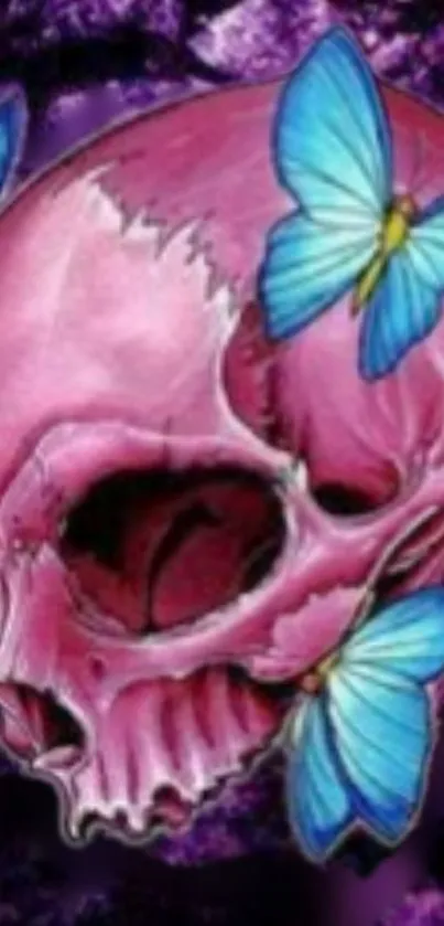 Pink skull with blue butterflies on purple background.