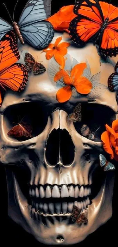 Artistic skull with bright butterflies and flowers.