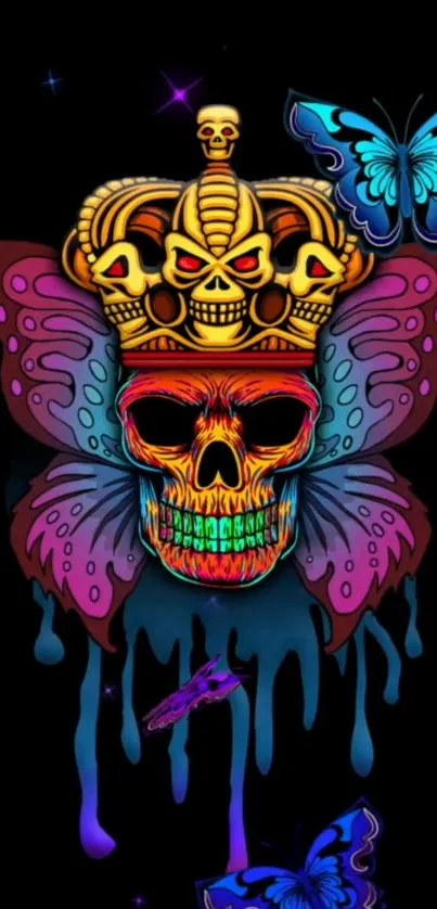 Vibrant skull with a crown surrounded by colorful butterflies on a black background.