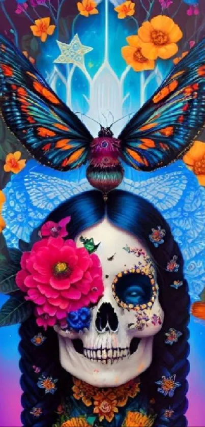 Colorful skull and butterfly wallpaper with vibrant flowers.