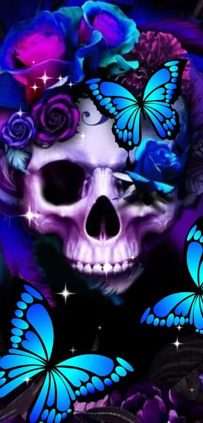 Vibrant skull with blue butterflies and flowers, mobile wallpaper.