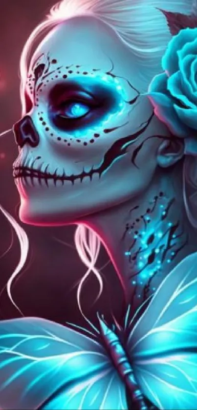 A vibrant sugar skull woman with a cyan butterfly glowing in the dark.