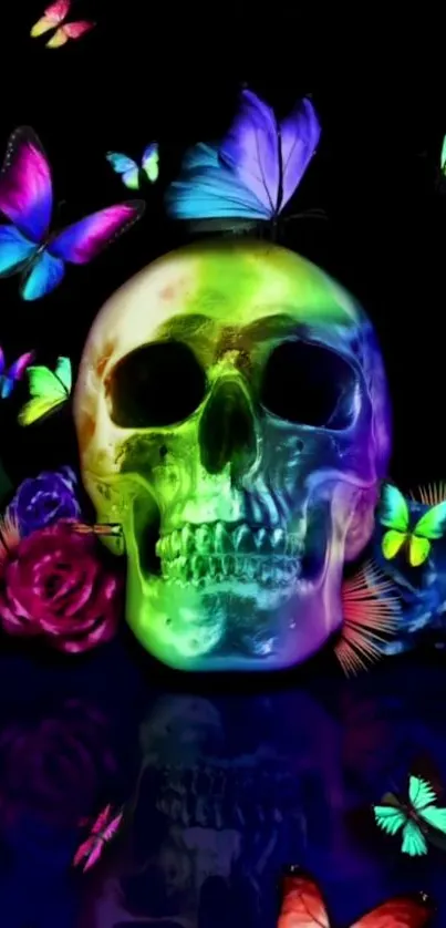 Colorful neon skull with butterflies mobile wallpaper.