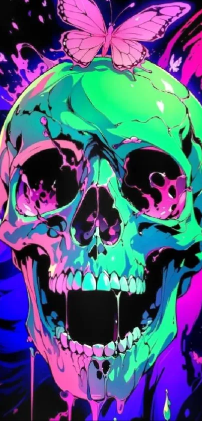 Neon-colored skull with butterfly mobile wallpaper.