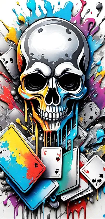 Vibrant skull with colorful splashes and playing cards design.