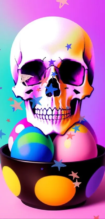 Vibrant skull and spheres against a colorful gradient background.