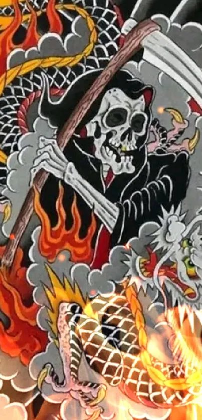 Mobile wallpaper featuring skull, dragon, and flames with tattoo style art.