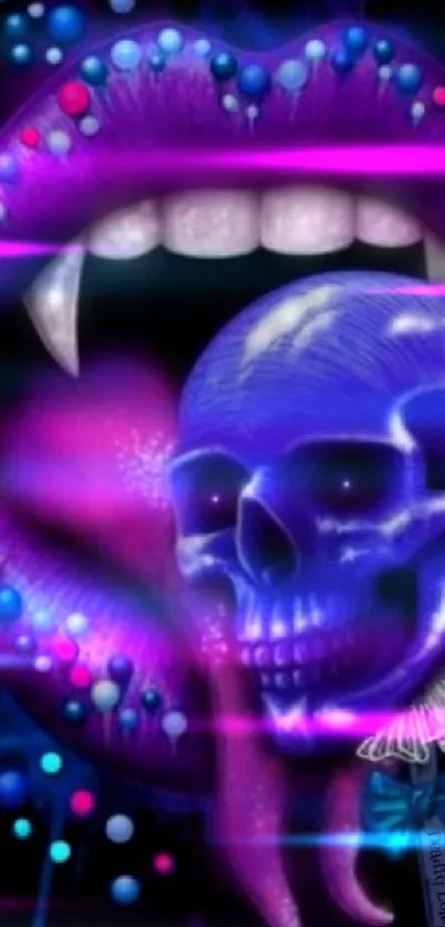 Purple skull and fangs in artistic wallpaper.