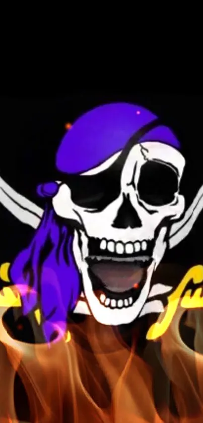 Skull with purple bandana and fiery background, mobile wallpaper.