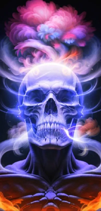 Neon skull with swirling flames and mystical smoke.