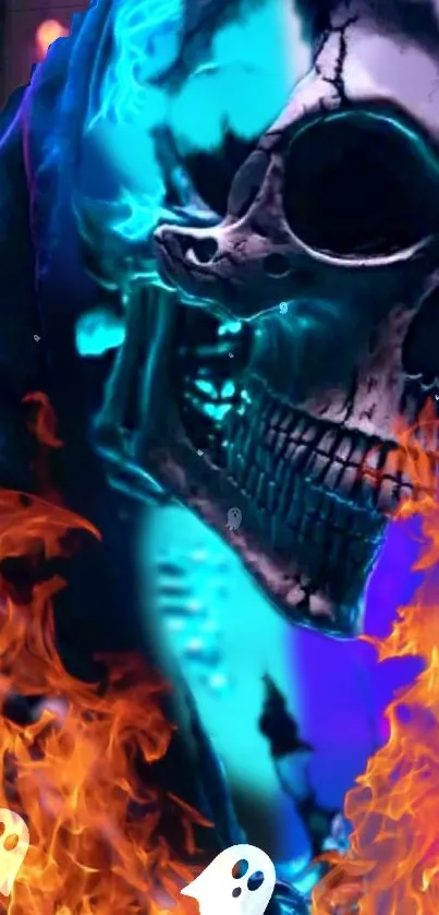 Vibrant skull with flames in blue and orange hues for mobile wallpaper.