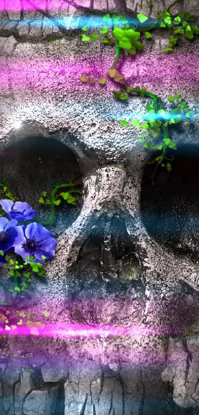 Skull with purple flowers and neon accents on stone texture.