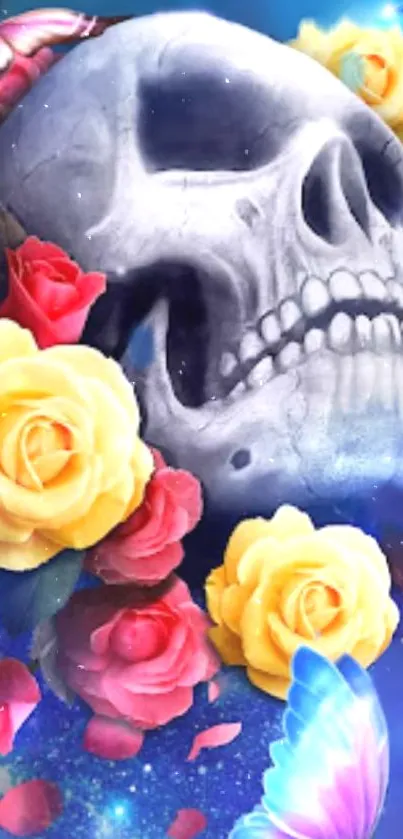 Blue skull with colorful roses and butterflies wallpaper.