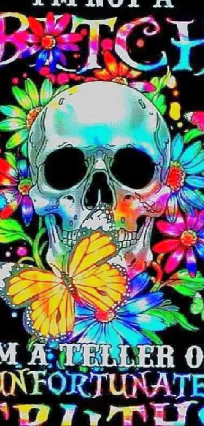 Colorful skull with flowers and text on black background.