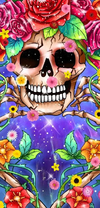 Colorful skull and flowers on purple cosmic background.