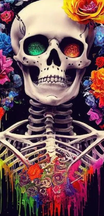 Colorful skull with flowers on a dramatic dark background.