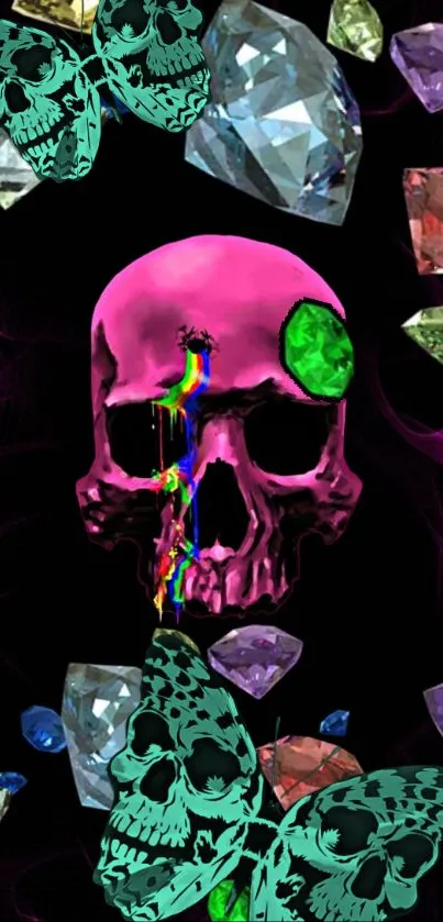 Vibrant skull with gems and butterflies mobile wallpaper.