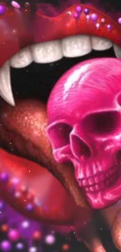 Vibrant skull and lips wallpaper in pink and red hues.