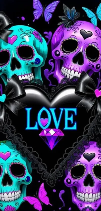 Colorful skull and love themed mobile wallpaper.