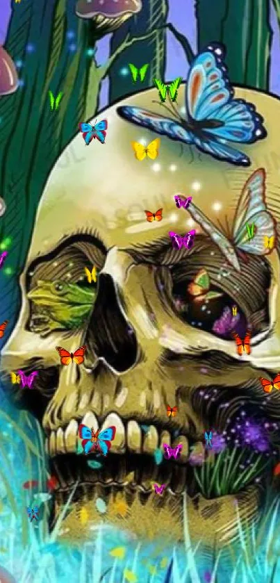 Skull with butterflies and mushrooms, vibrant colors.