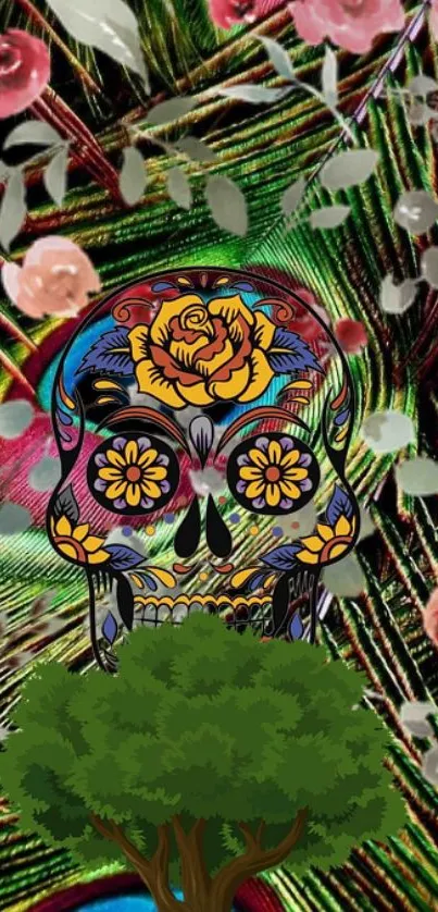 Colorful sugar skull with peacock feathers and floral accents.