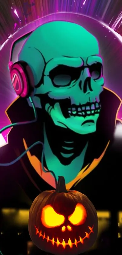 Neon skull with headphones and glowing pumpkin art on mobile wallpaper.