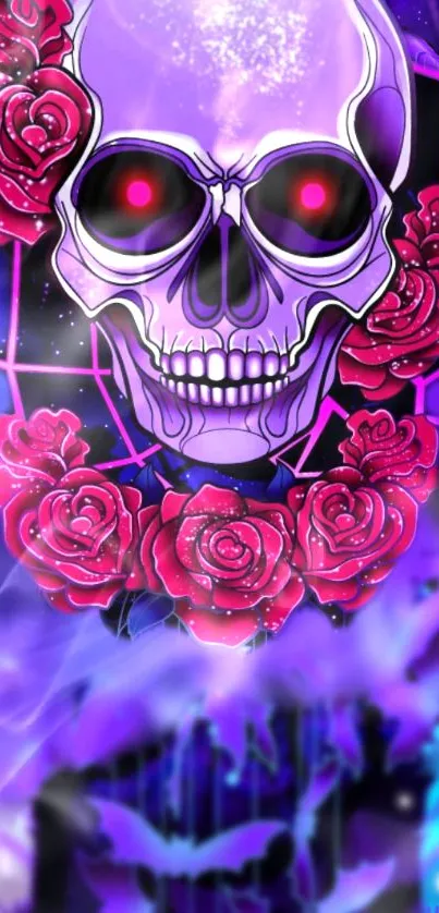 Purple skull and red roses art wallpaper.