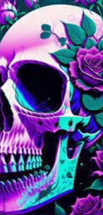 Neon skull with purple roses wallpaper.