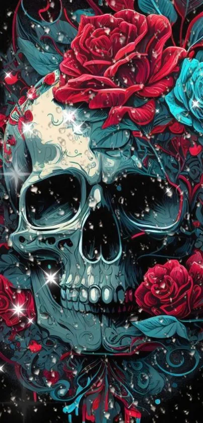 Artistic skull with red and teal roses on black background.