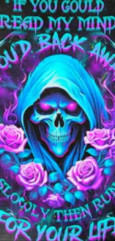 A neon blue skull with roses on dark background wallpaper.