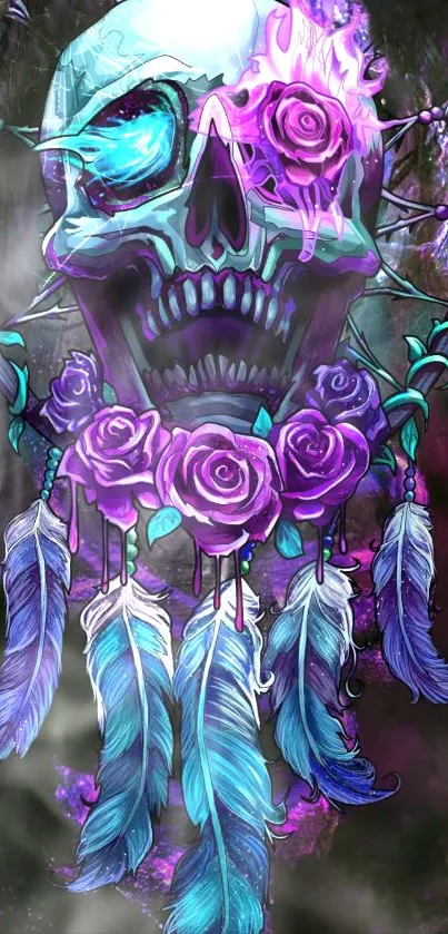 Vivid skull with purple roses and feathers art wallpaper.