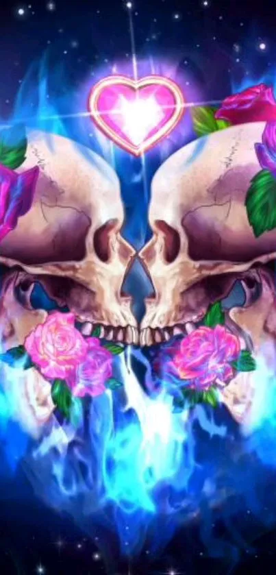 Two skulls with roses and blue flames in artistic wallpaper design.