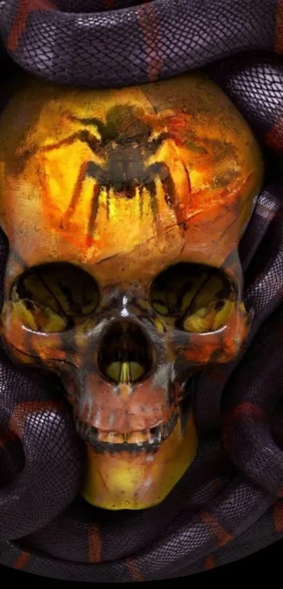 Vivid skull and serpent mobile wallpaper with orange and black tones.