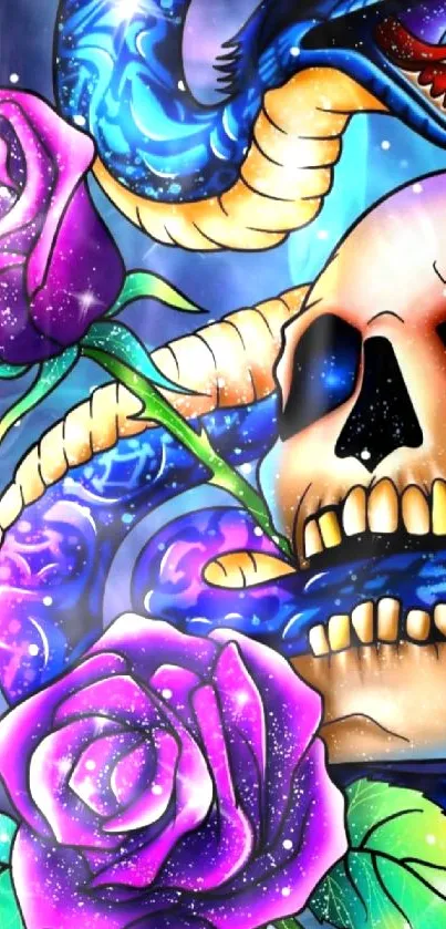 Vivid skull with snake and roses wallpaper design.