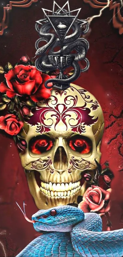 Colorful skull with roses and snake wallpaper art.