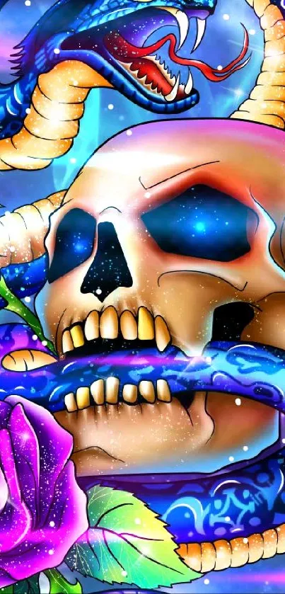 Vibrant skull, snake, and roses in colorful digital art