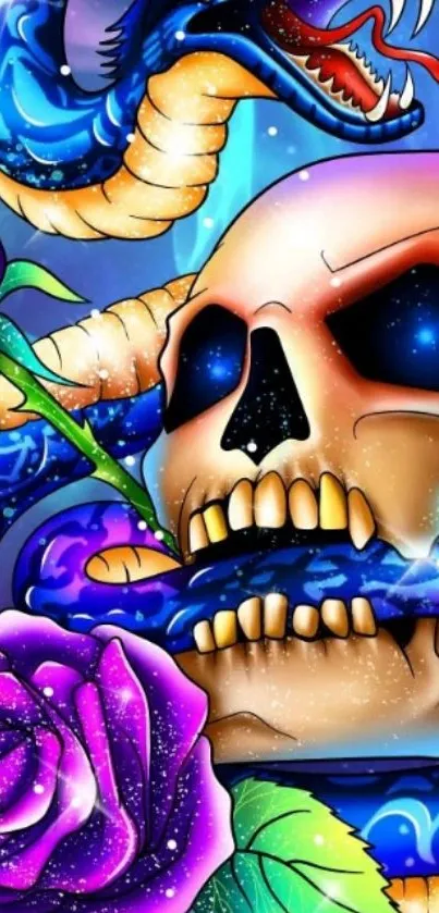 Vibrant skull and snake design with roses in vivid colors.