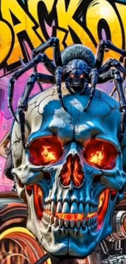 Colorful skull and spider wallpaper art.