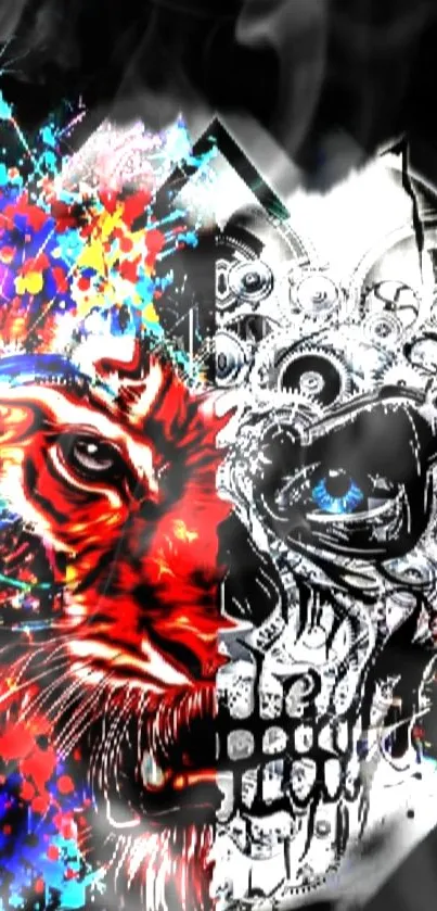 Vibrant artwork with skull and tiger design in red and multicolors.